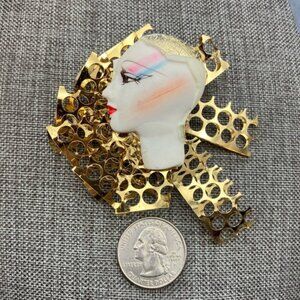 1980s Handmade Brooch Pin Painted Face White Gold Abstract Design Vintage